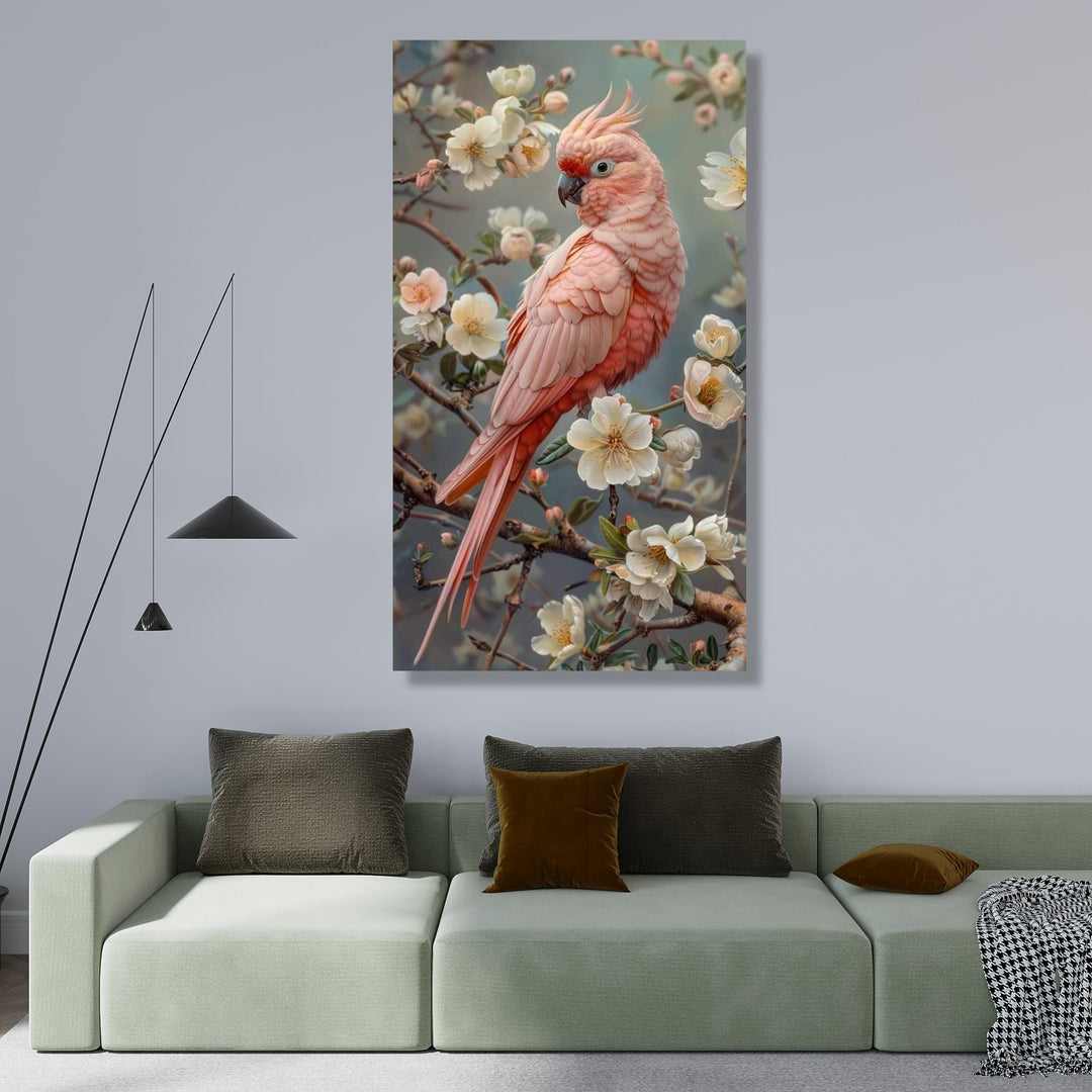 Editorial-quality wall art featuring a pink cockatoo in a tropical garden