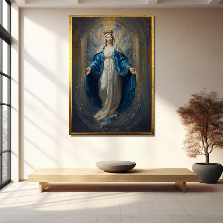 Catholic Virgin Mary icon wall decor on canvas with gold accents
