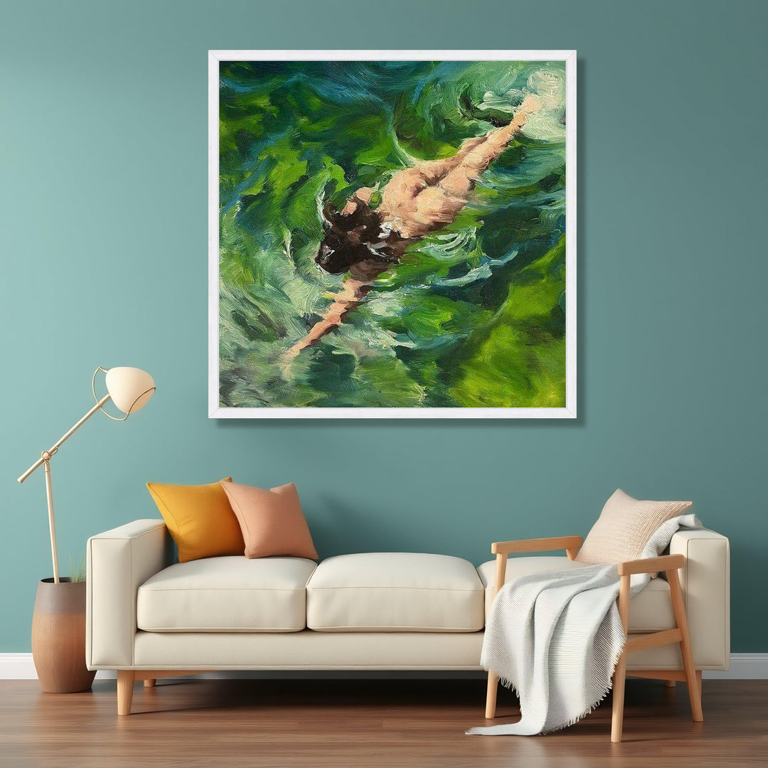 Gallery-wrapped canvas abstract art featuring a swimming woman in green hues