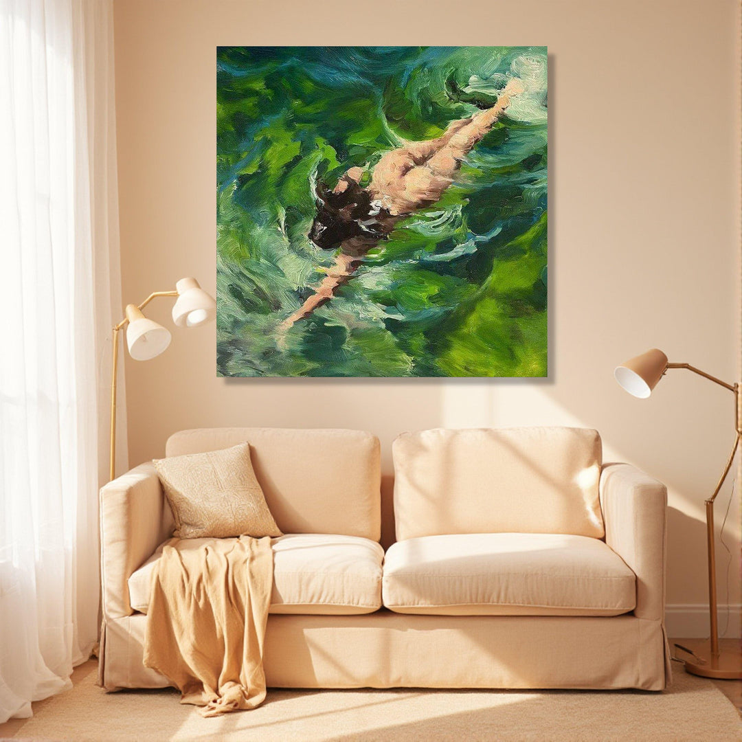 Modern wall art: abstract swimmer on canvas with calming green water