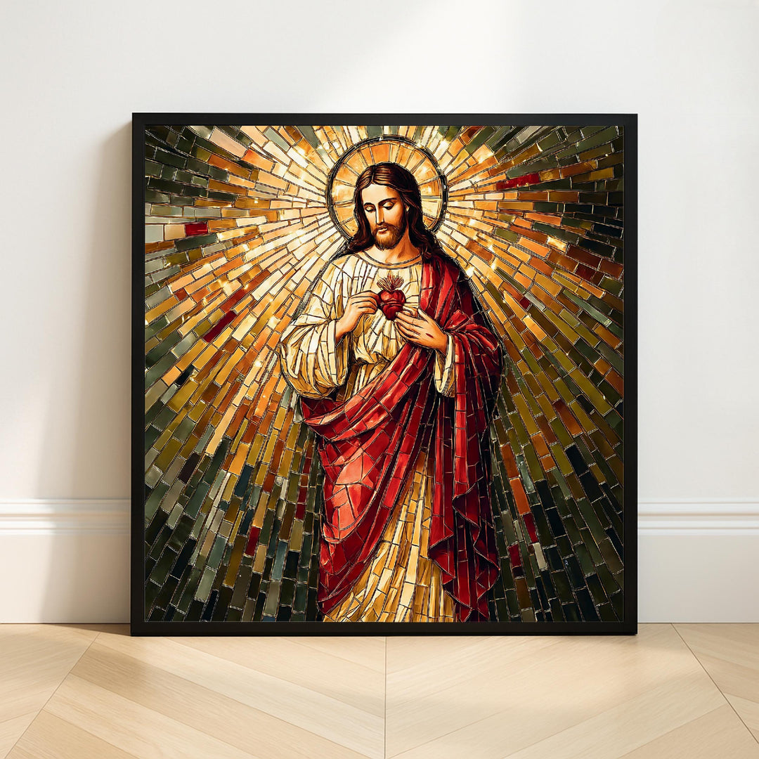 Framed square mosaic artwork of the Sacred Heart of Jesus with ornate border and warm tones