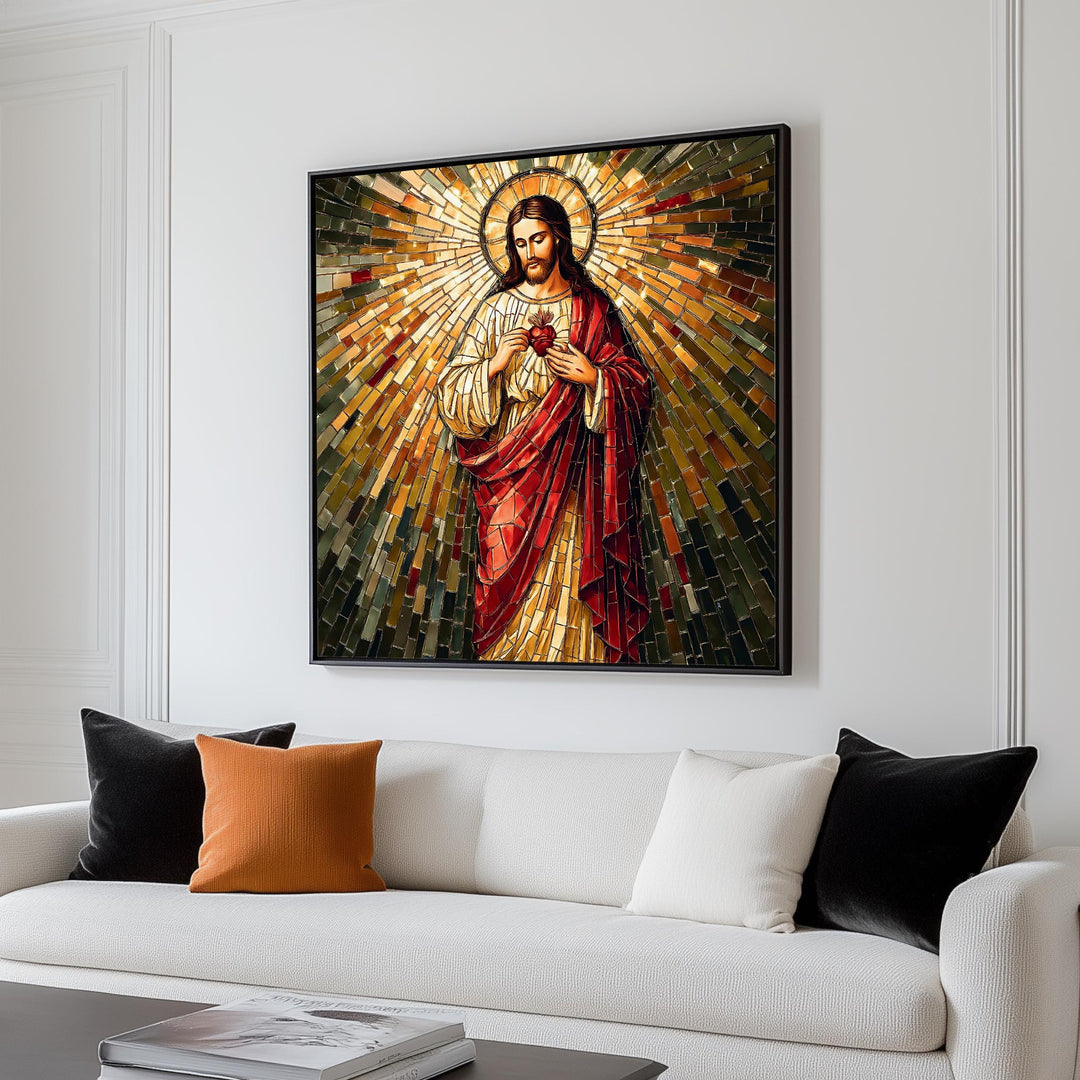 Close-up detail showing mosaic texture and rich color in Sacred Heart of Jesus wall art