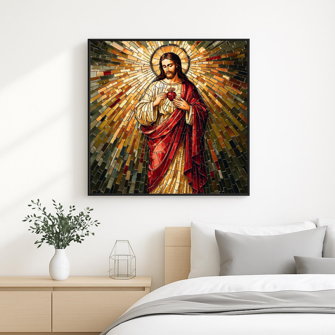 Unframed square Sacred Heart mosaic print staged in a chapel-style setting