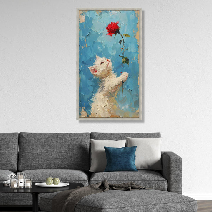 Cat art featuring red rose and blue tones on canvas