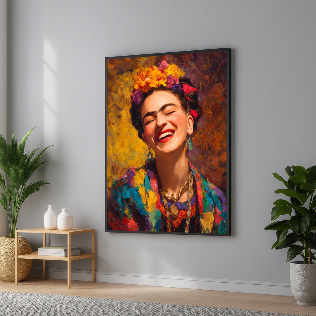 Frida portrait canvas with vibrant floral headpiece on white background