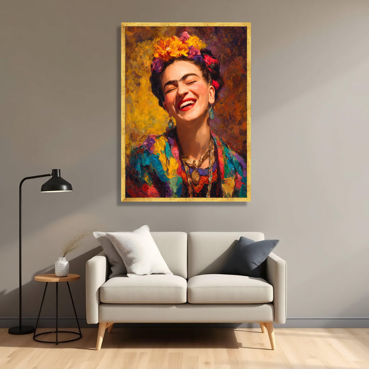 Close-up of Frida-inspired wall art showing bold petals and greens