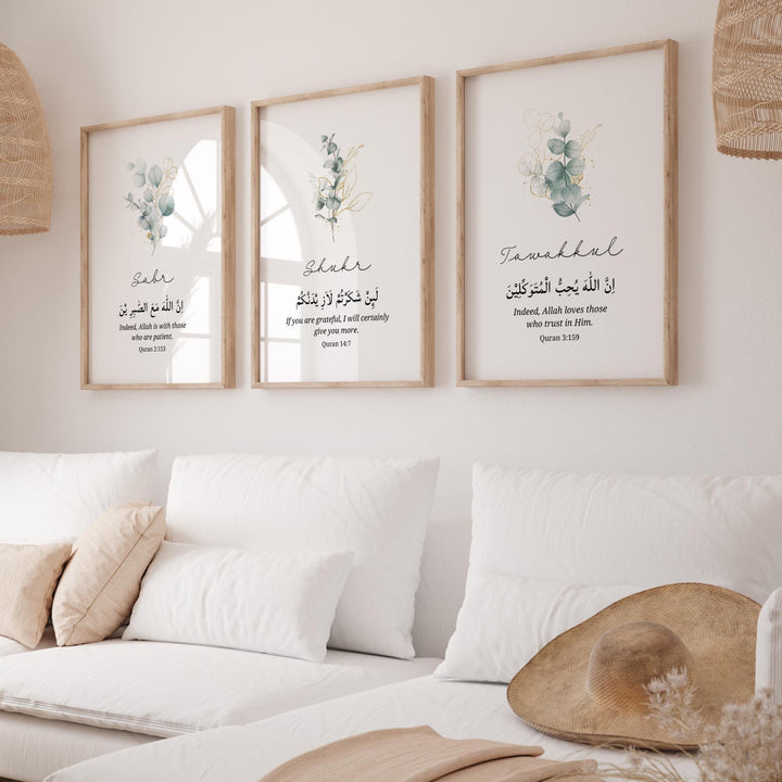 Muslim home decor wall art trio emphasizing faith and reflection