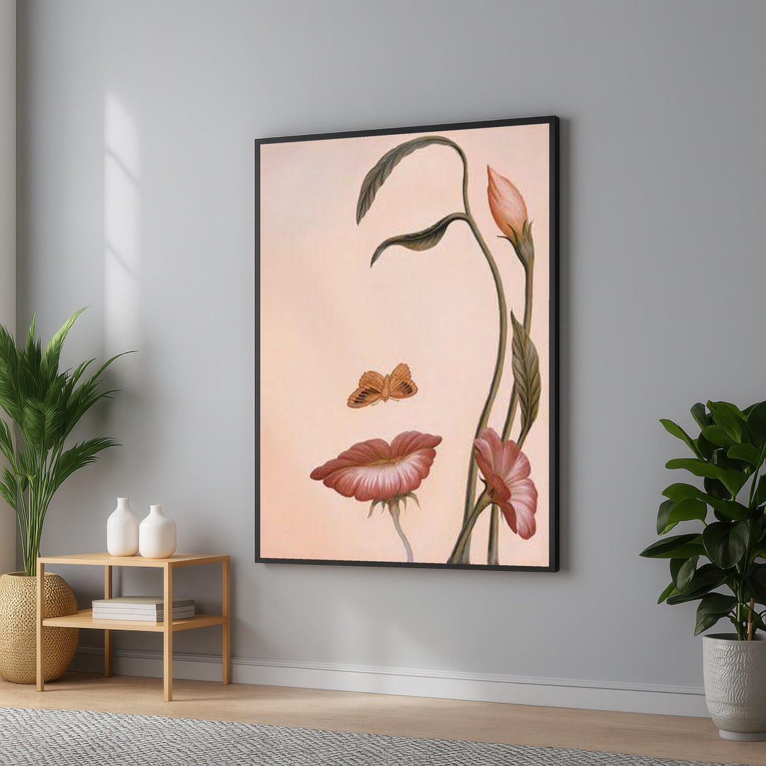 Pink floral canvas wall art with butterfly motif on white backdrop