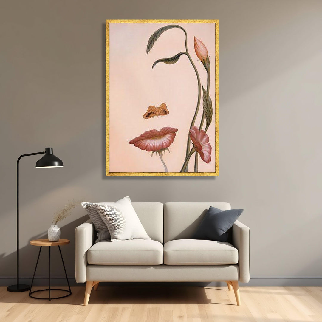 Close-up view of pink blossoms and butterfly on canvas wall art