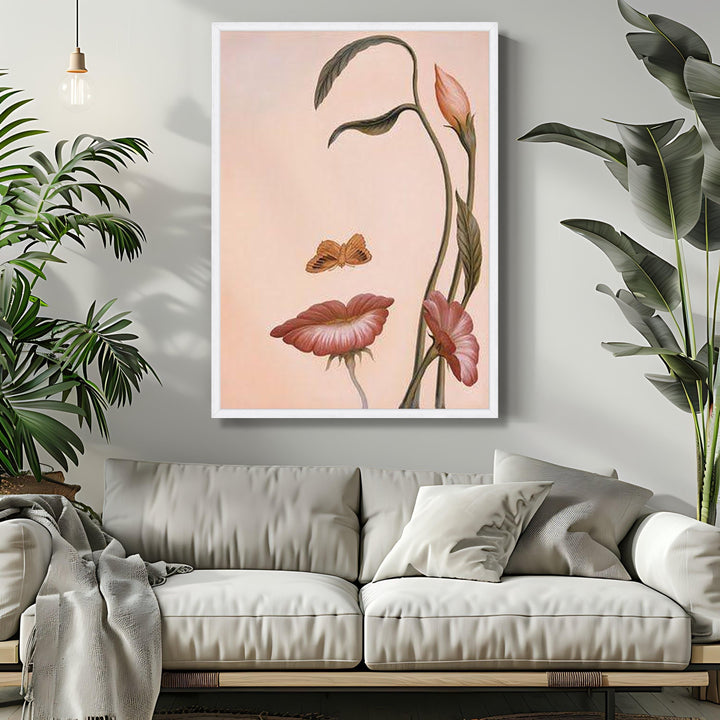 Botanical pink floral artwork on canvas with butterfly accents
