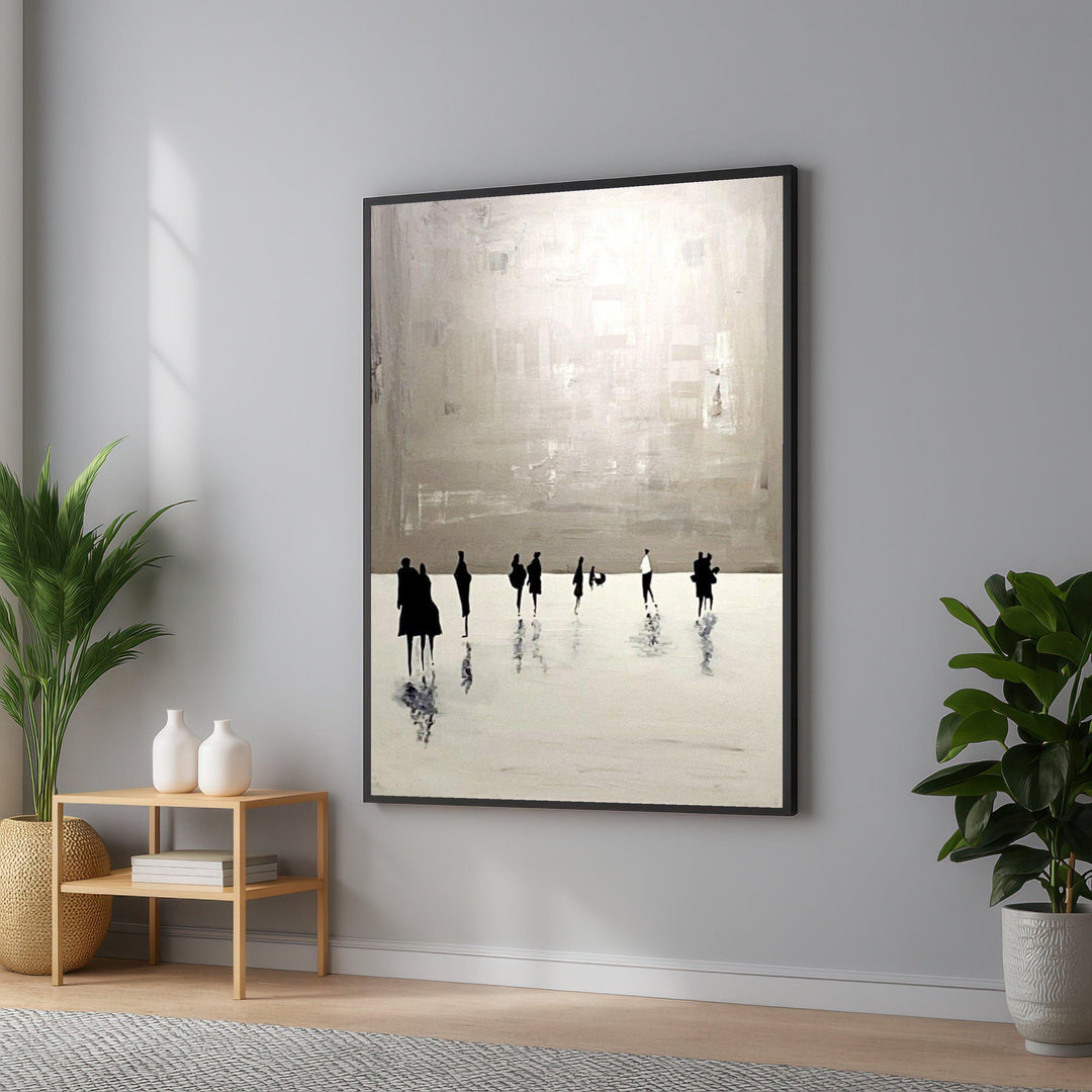 Minimalist abstract people canvas art in black and white silhouettes, ready to hang