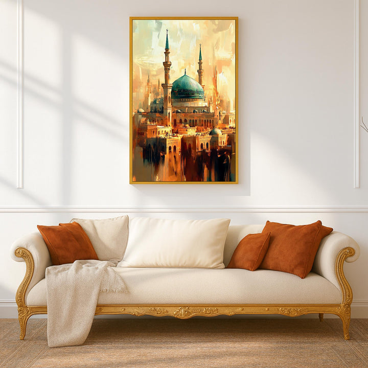 Vintage Islamic art print of Mecca Mosque in warm tones