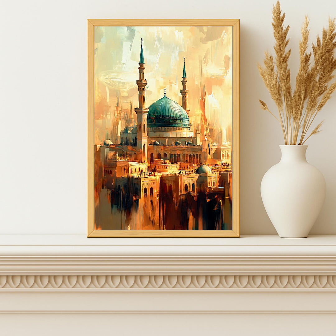 Mecca Mosque oil painting for wall display in serene palette