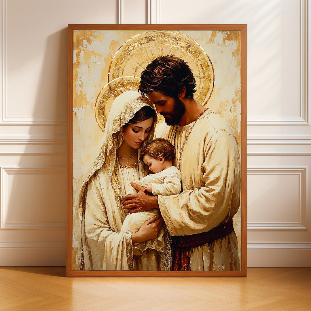 Neutral Holy Family vintage Catholic wall art full view with soft antique tones