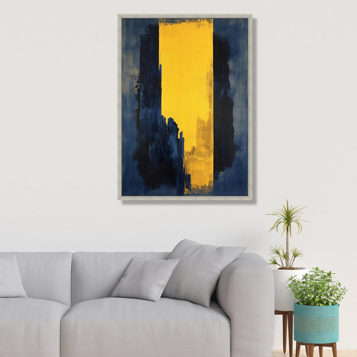 Modern canvas print featuring navy blue and yellow tones