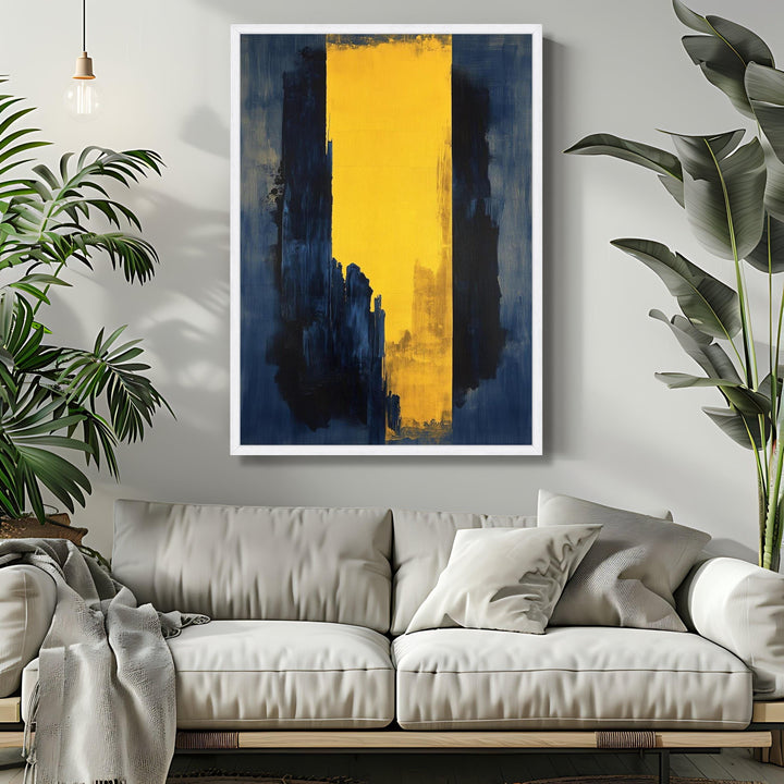 Ready-to-hang wall art in navy and yellow abstract design