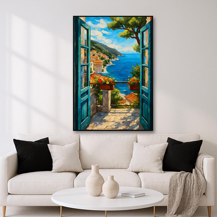 Coastal balcony scene with sunlit mediterranean palette