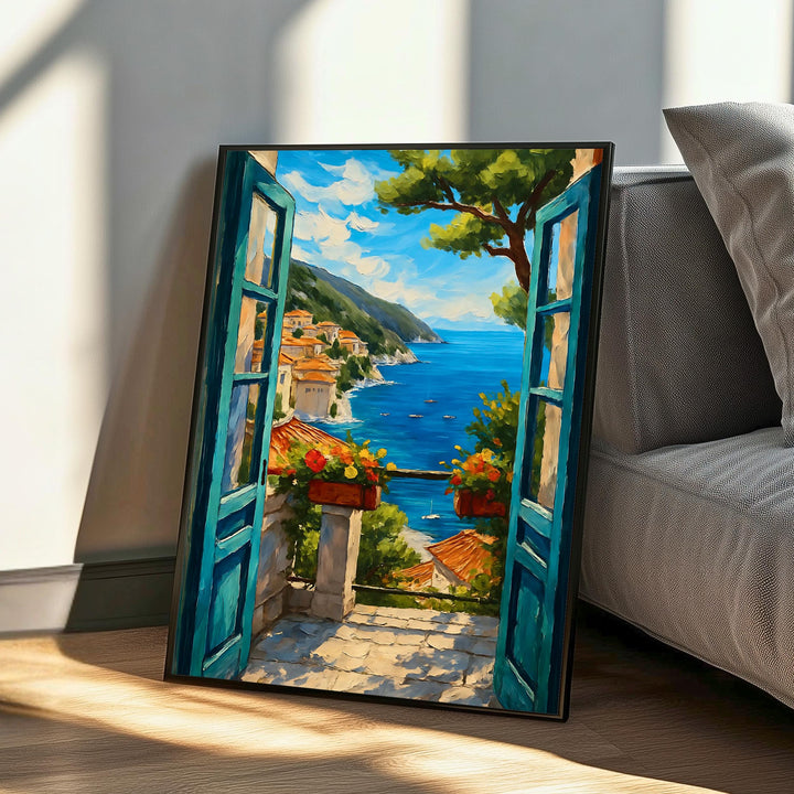 Living room focal point: open window coastal panorama on canvas