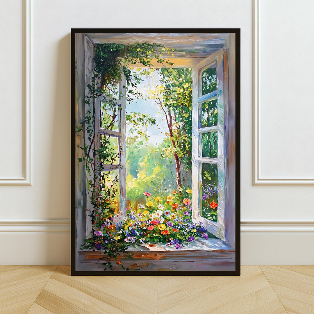 Garden Window Art Print - floral cottagecore bouquet in a sunlit window scene