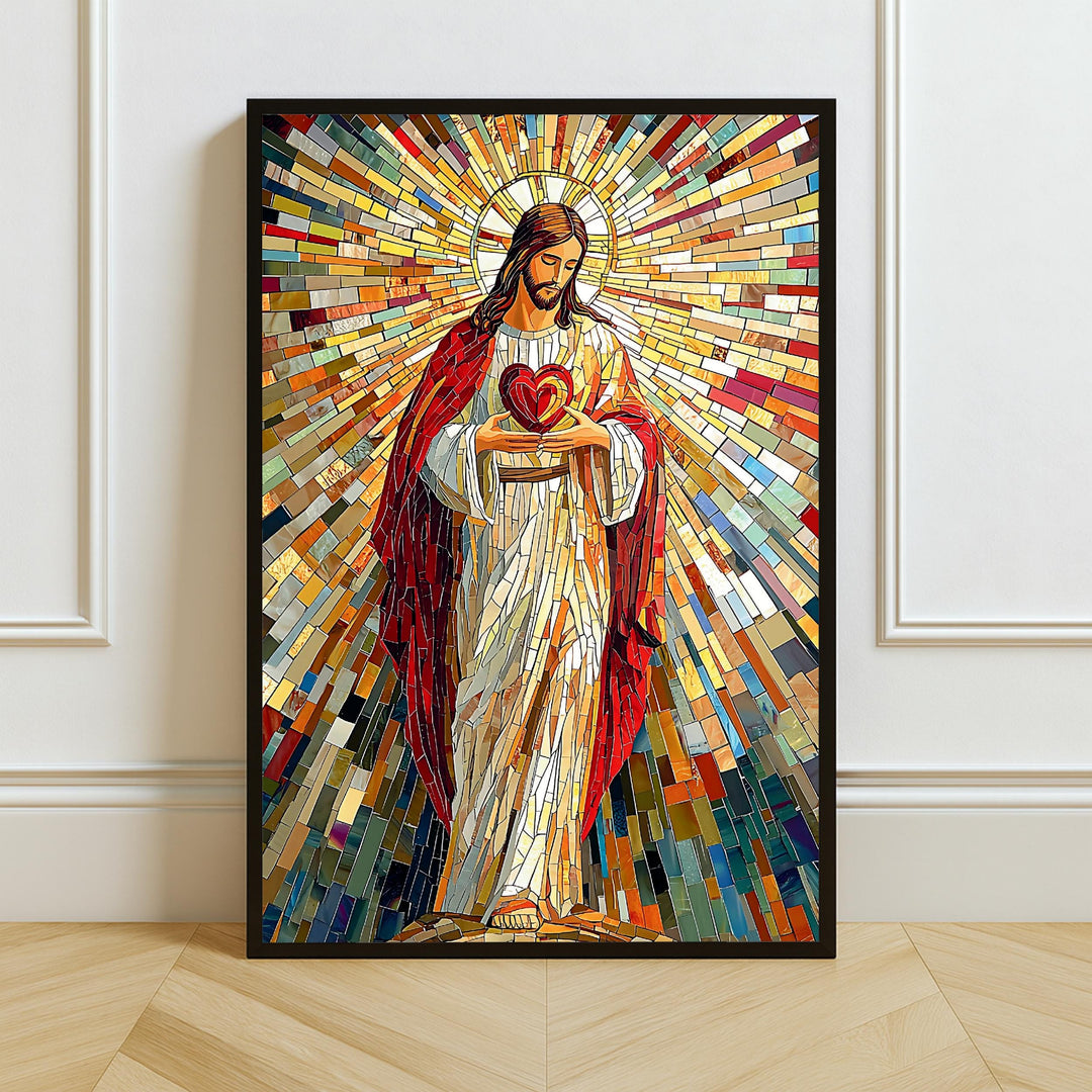 Full view of Sacred Heart of Jesus mosaic wall art showing vibrant colors and overall composition