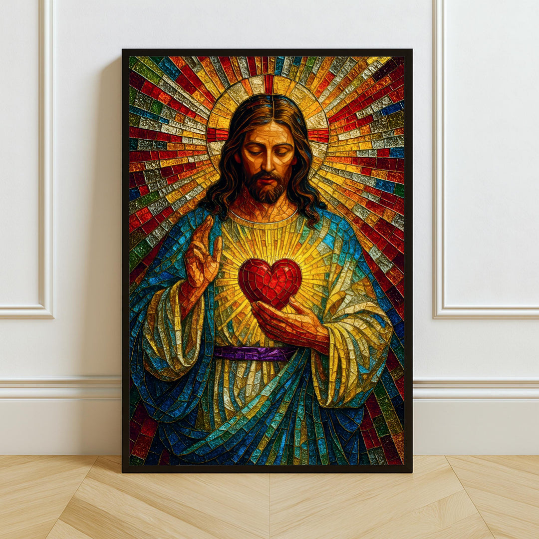 Sacred Heart mosaic wall art in stained-glass style, full view
