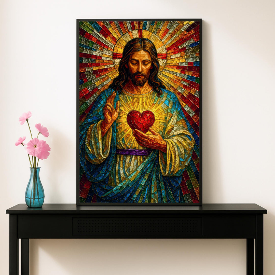 Framed Sacred Heart mosaic poster displayed above a mantel in a living room