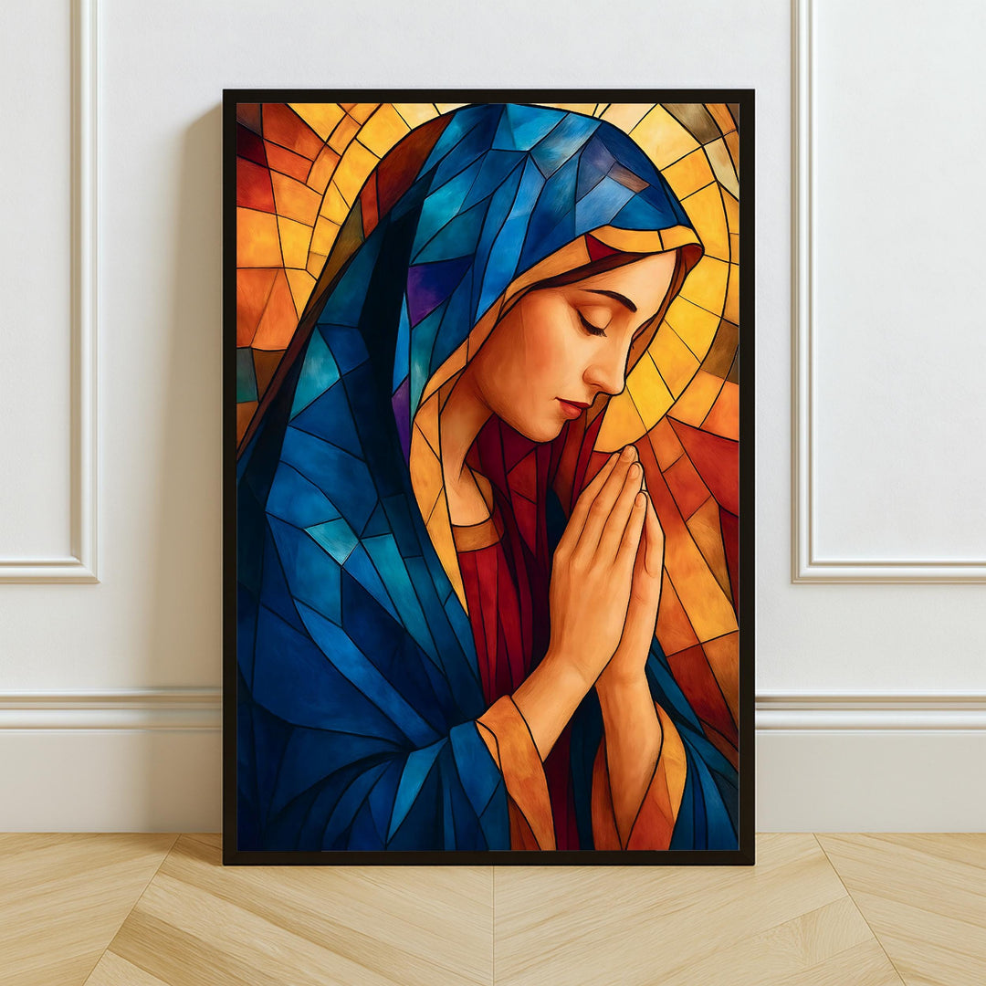 Blessed Virgin Mary stained glass style art print, full portrait with halo and floral border