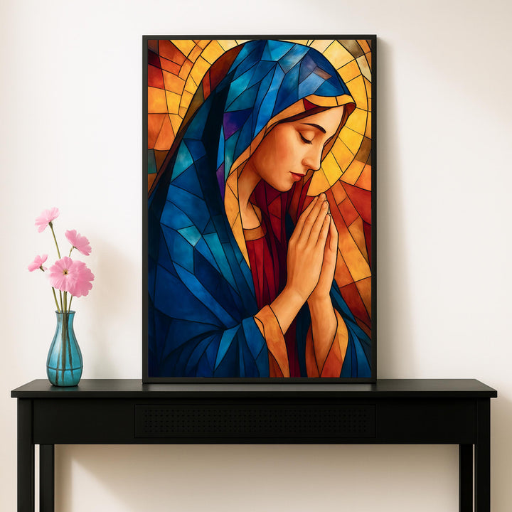 Vibrant blues and golds with decorative border detail in Blessed Virgin Mary print