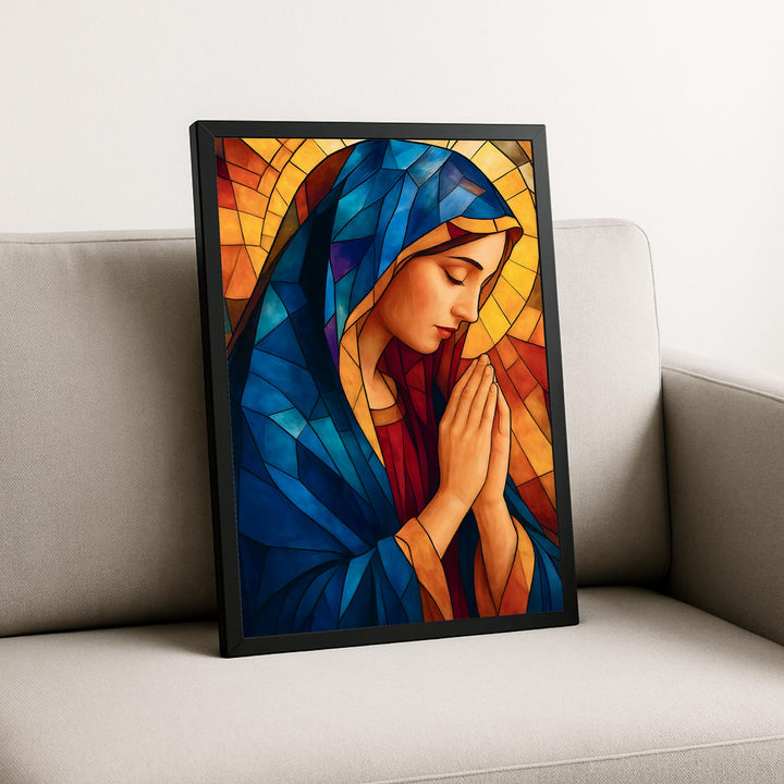 Framed Blessed Virgin Mary stained glass art print displayed above a mantel in home setting