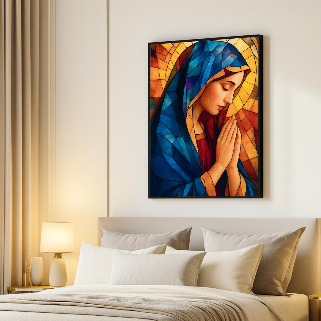 Multiple size layout of Blessed Virgin Mary stained glass religious wall art in interior scene