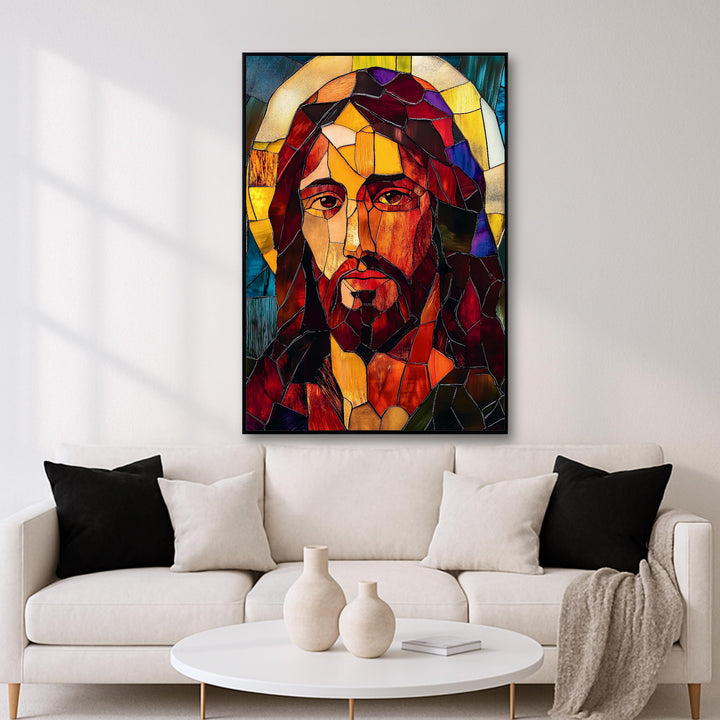 Framed stained glass Jesus wall art hung on wall, showing full piece and scale