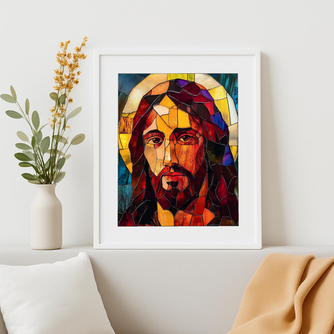 Close-up of halo and facial features in handcrafted stained glass Jesus art