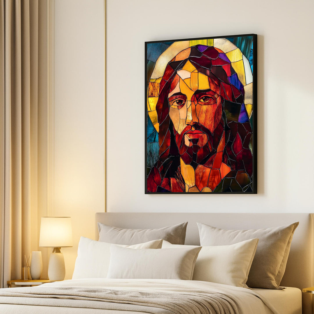 Stained glass Jesus wall art displayed in a living room setting under warm natural light
