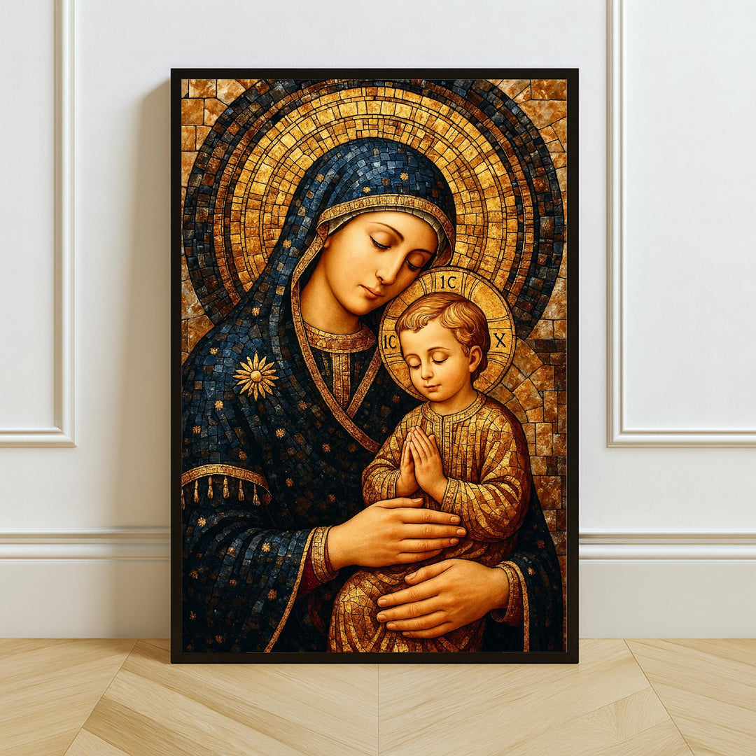 Virgin Mary mosaic wall art, frontal view of Madonna and Child in deep blue and gold