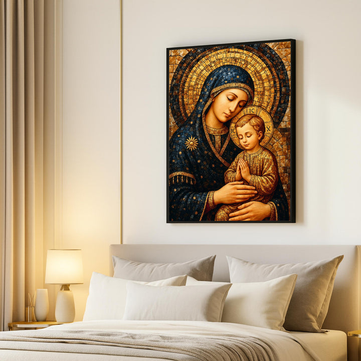 Styled crop of Virgin Mary mosaic art focusing on devotional expression and tone
