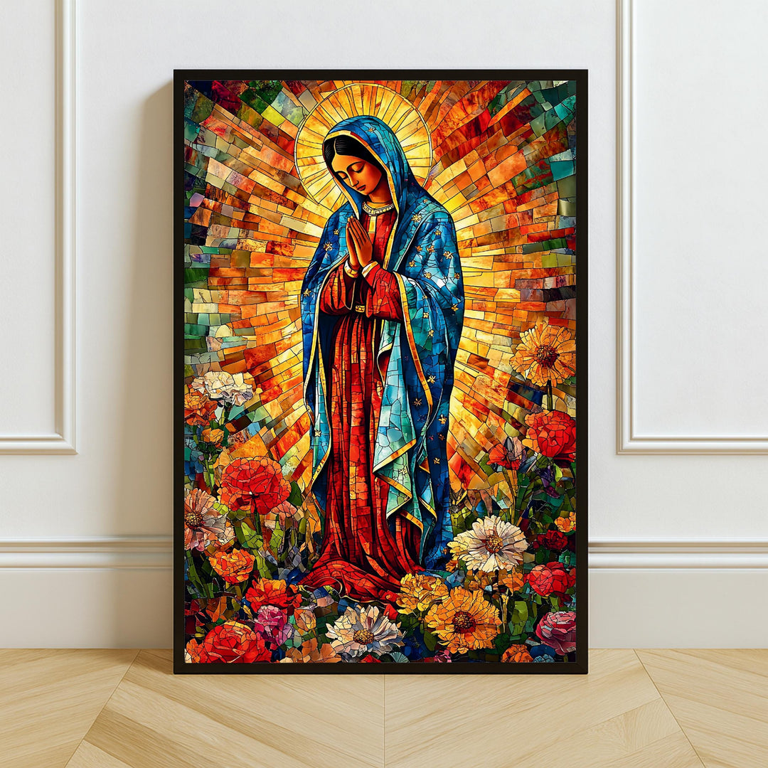 Our Lady of Guadalupe mosaic wall art — full view of Virgin Mary with floral halo