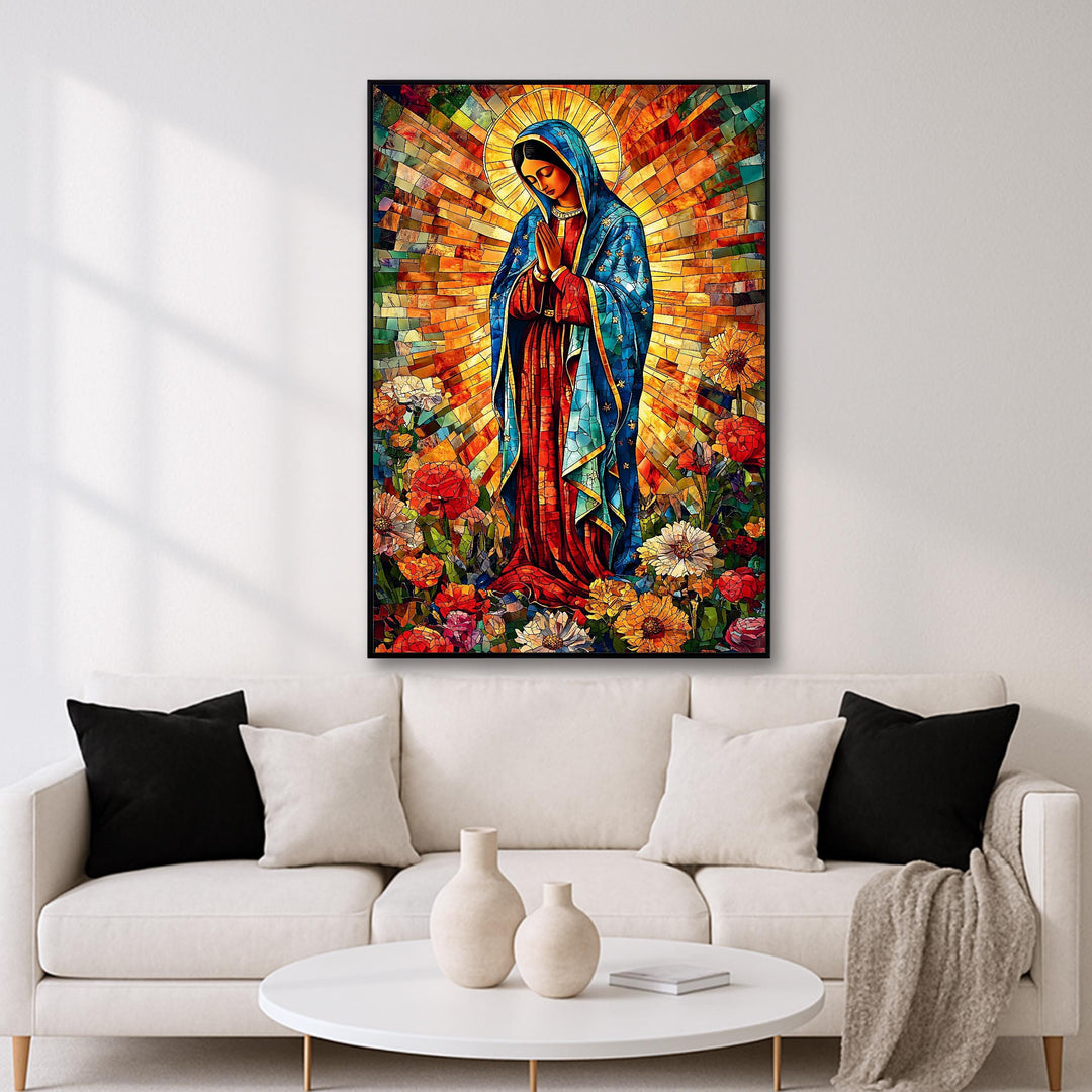 Close-up of mosaic-style details and rich floral colors on Virgin Mary artwork