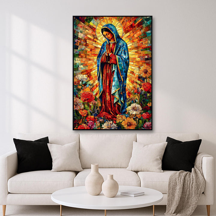Close-up of mosaic-style details and rich floral colors on Virgin Mary artwork