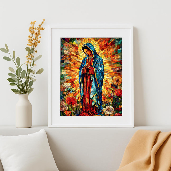 Macro detail of textured finish and vibrant archival inks on Mexican Marian decor