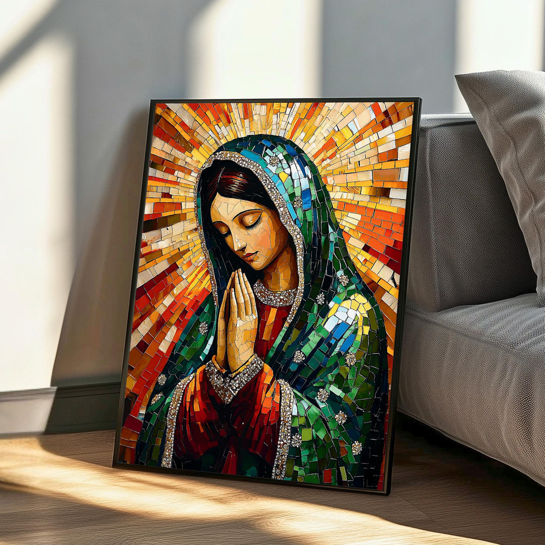 Unframed variant of Mary of Guadalupe artwork hanging above an altar for scale