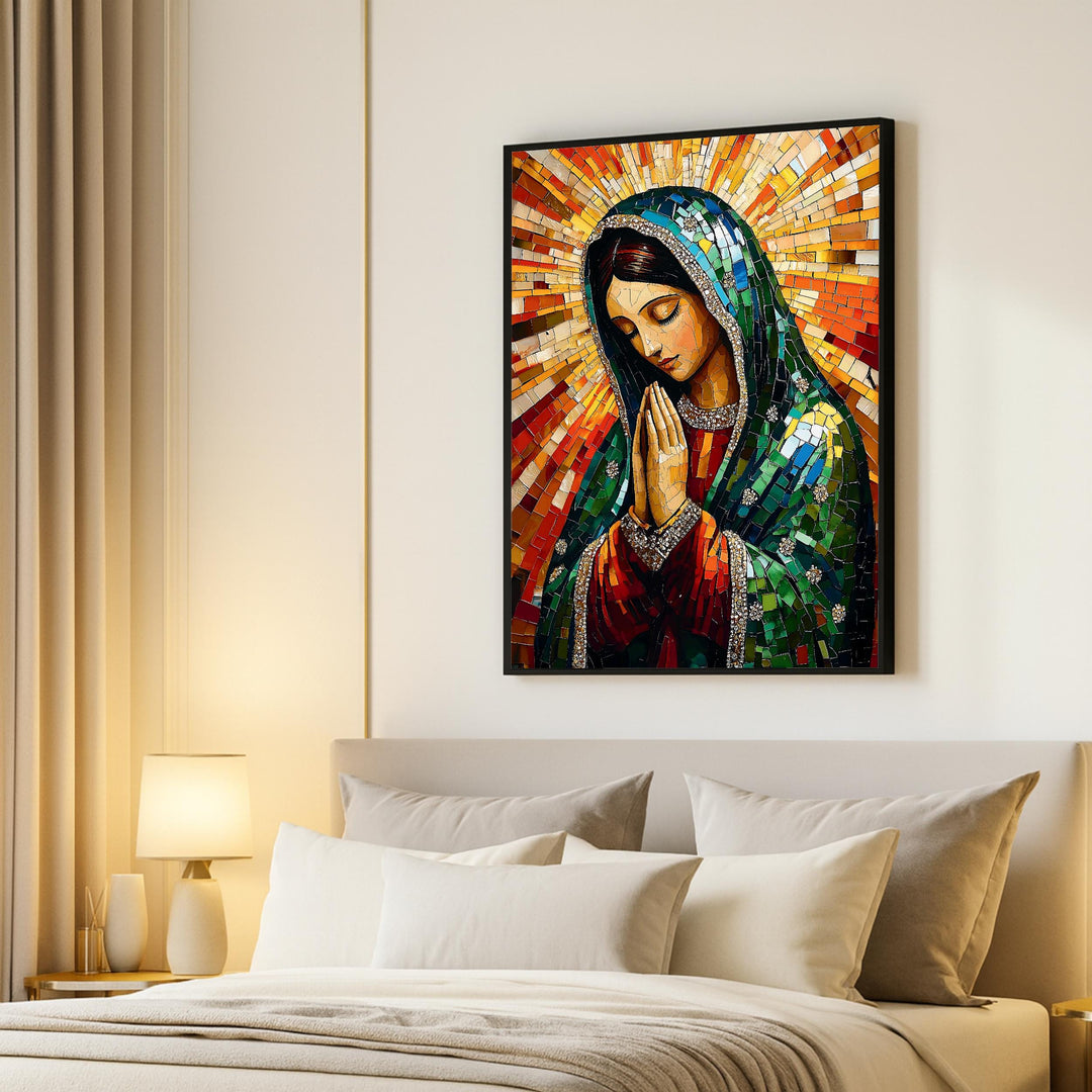 Lifestyle image of Mary of Guadalupe artwork displayed in a living room setting