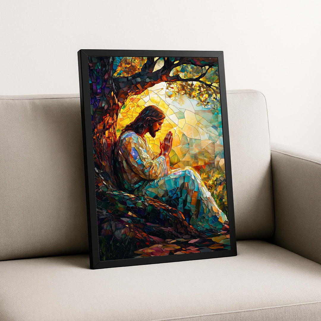 Staged living room featuring Jesus stained glass wall art above sofa