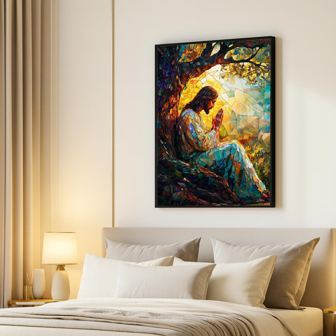 Framed presentation of Jesus stained glass wall art ready to hang