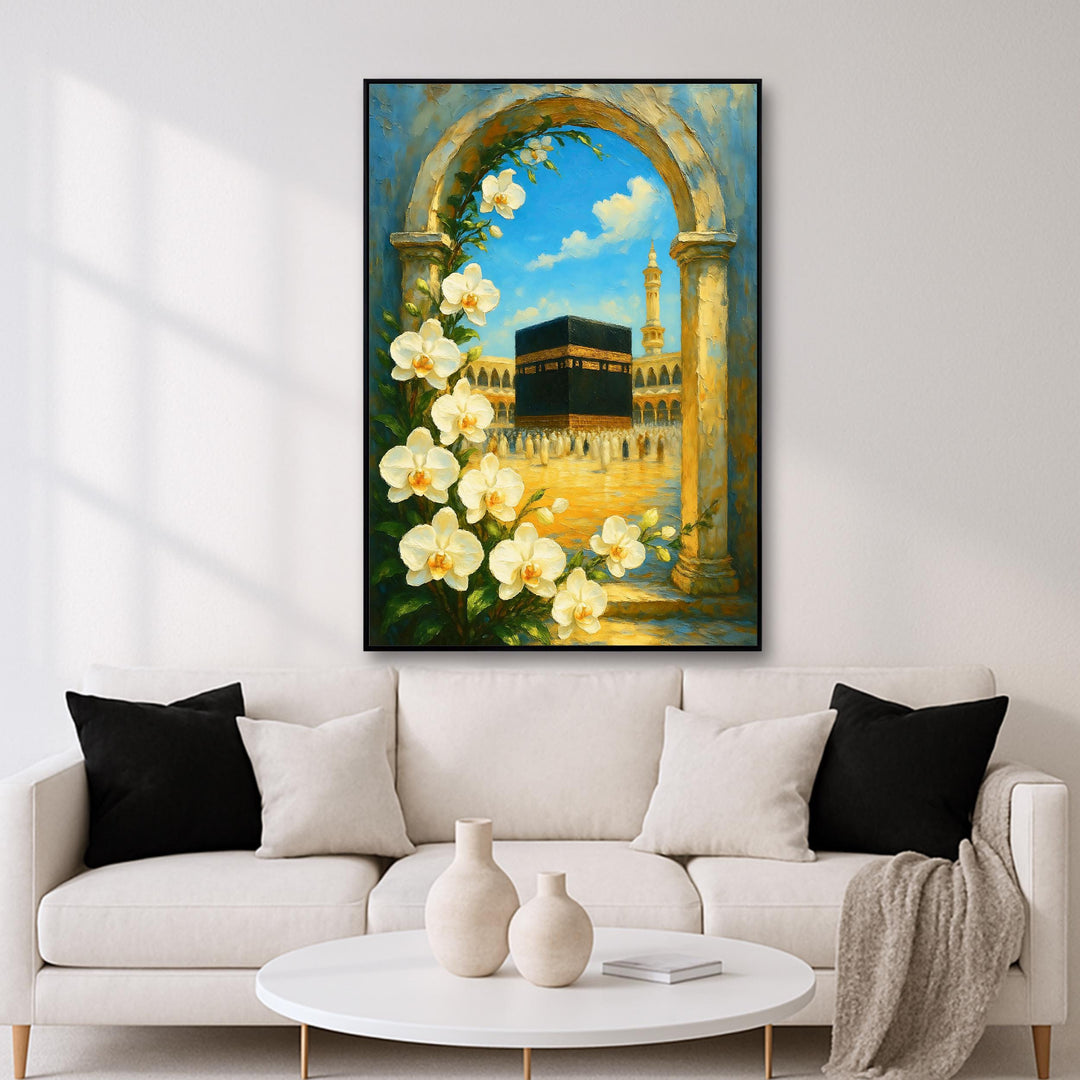 Gold floral Kaaba arch wall decor featuring Mecca mosque motif