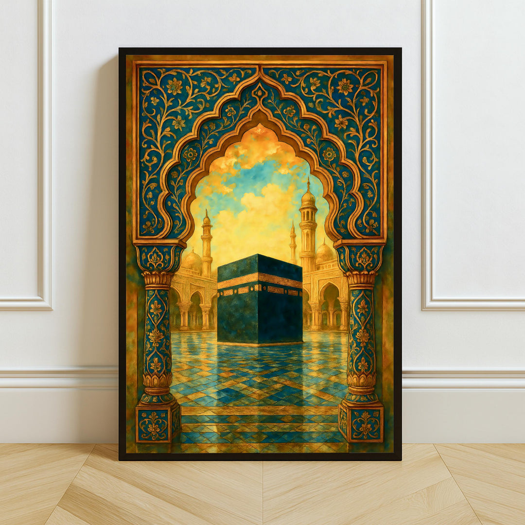 Kaaba Mecca arch art print featuring golden Mughal tones, close view