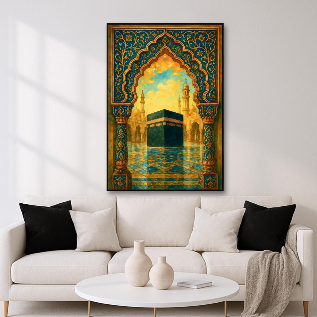 Islamic architectural design wall art with arch motif and warm gold hues