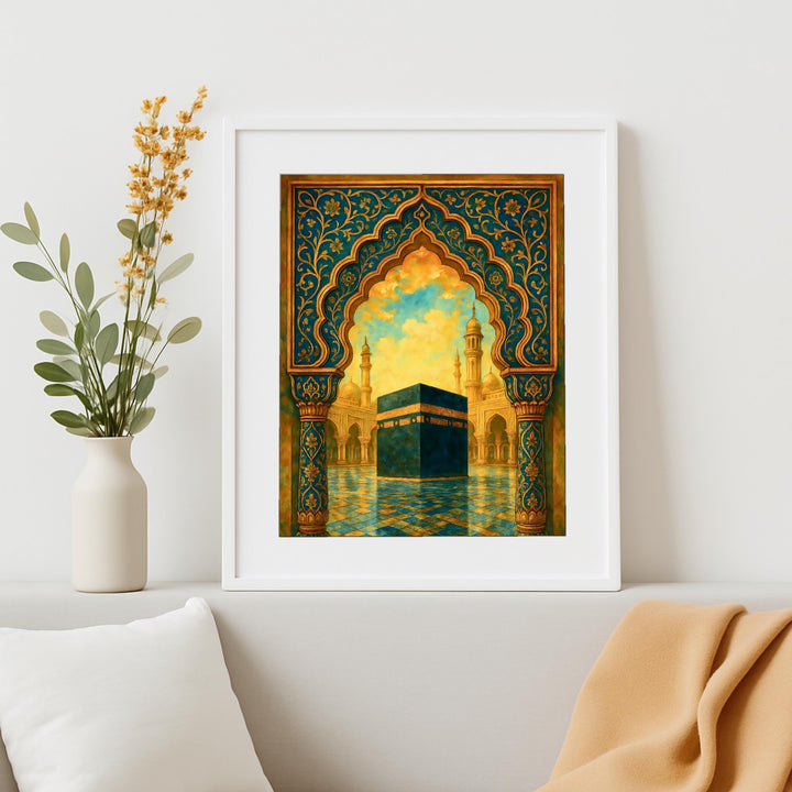 Gold-toned mosque decor artwork with ornate patterns