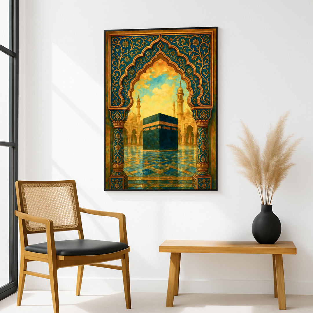 Art print photography of sacred mosque arch in rich gold palette