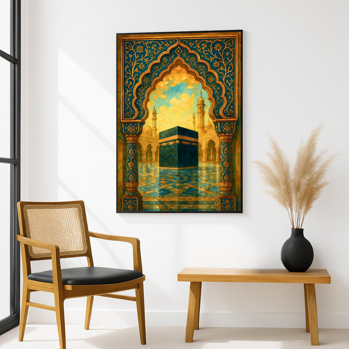 Art print photography of sacred mosque arch in rich gold palette