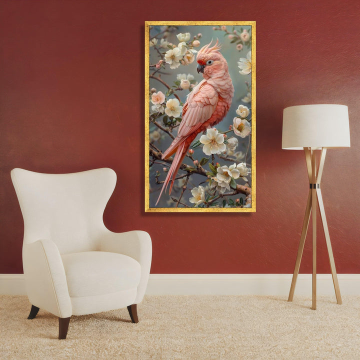 Close-up of tropical leaves and pink blossoms on canvas print